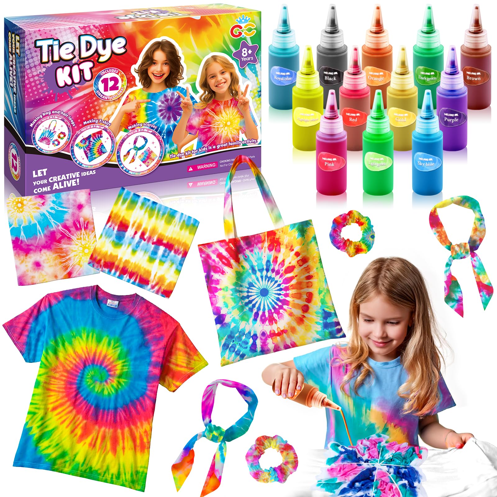 G.C Tie Dye Kit Kids & Adults with White T Shirt Canvas Bag Kerchief 12 Colors Powder, Creative Arts and Crafts Tie-Dye Kits Gifts Groups Activity for Girls Boys