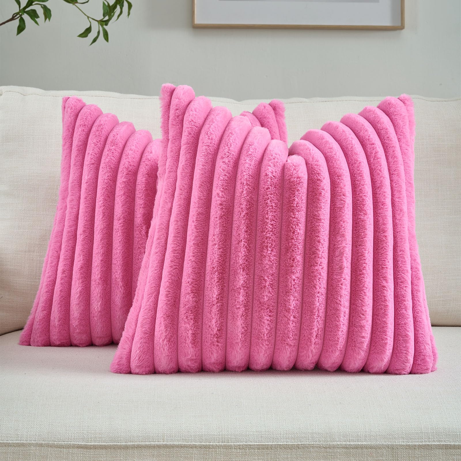 Photo 1 of **Only One**FUTEI Hot Pink Throw Pillow Covers Set of 2, 18x18 Inch Soft Faux Rabbit Fur Striped Texture Cushion Cases, Modern Decorative Couch Pillows for Living Room Bed