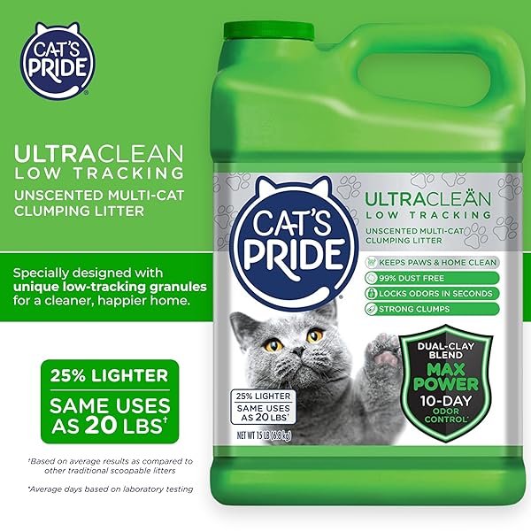 CAT’S PRIDE MAX POWER: ULTRACLEAN LOW TRACKING MULTI-CAT CLUMPING LITTER – KEEPS PAWS & HOME CLEAN – UP TO 10 DAYS OF POWERFUL ODOR CONTROL – 99% DUST FREE – UNSCENTED, 15 POUNDS
