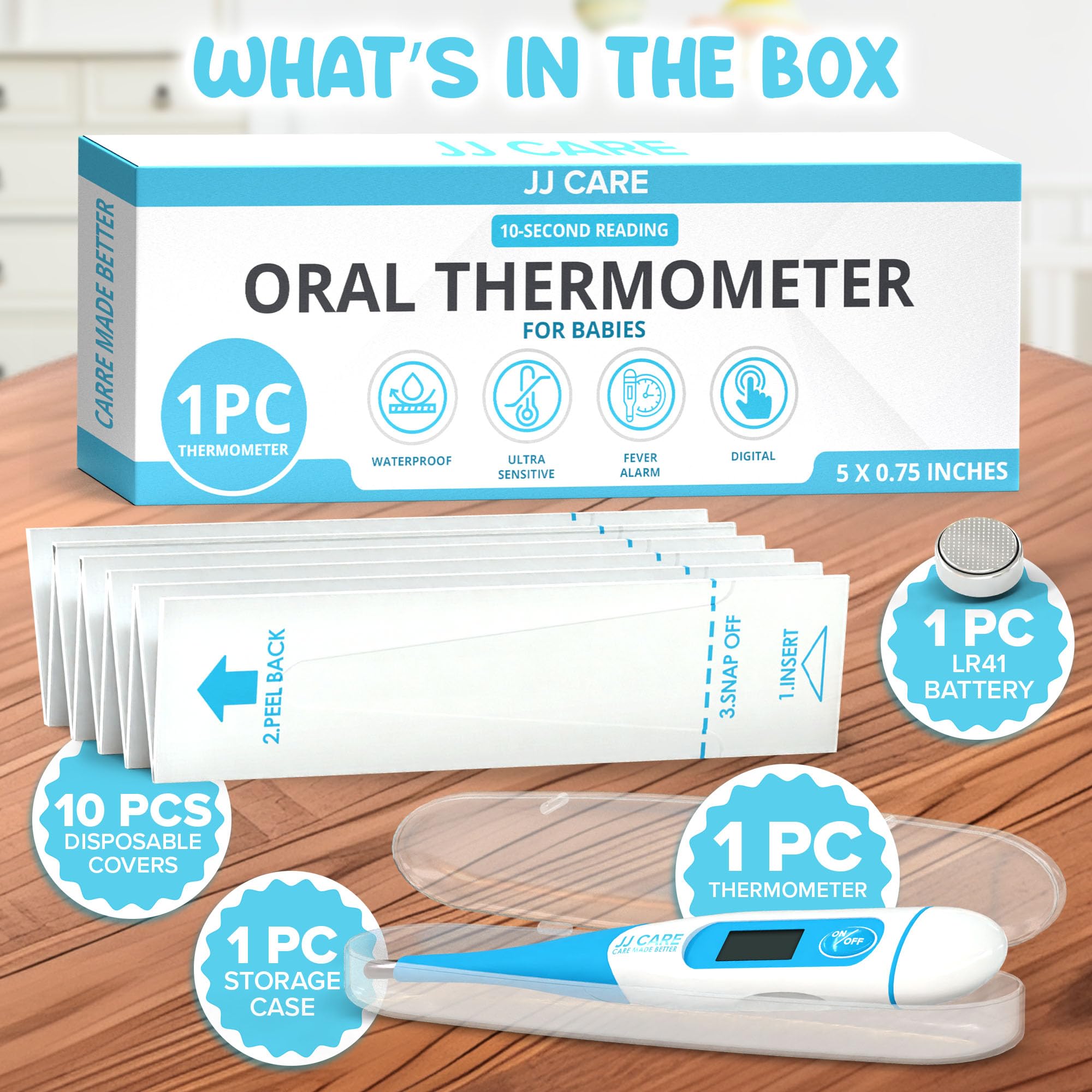 JJ CARE Oral Thermometer with LCD Display, Calibrated Oral Thermometer for Babies and Adults, 10 Seconds Fast Reading Oral Digital Thermometer for Fever with 10 Disposable Covers