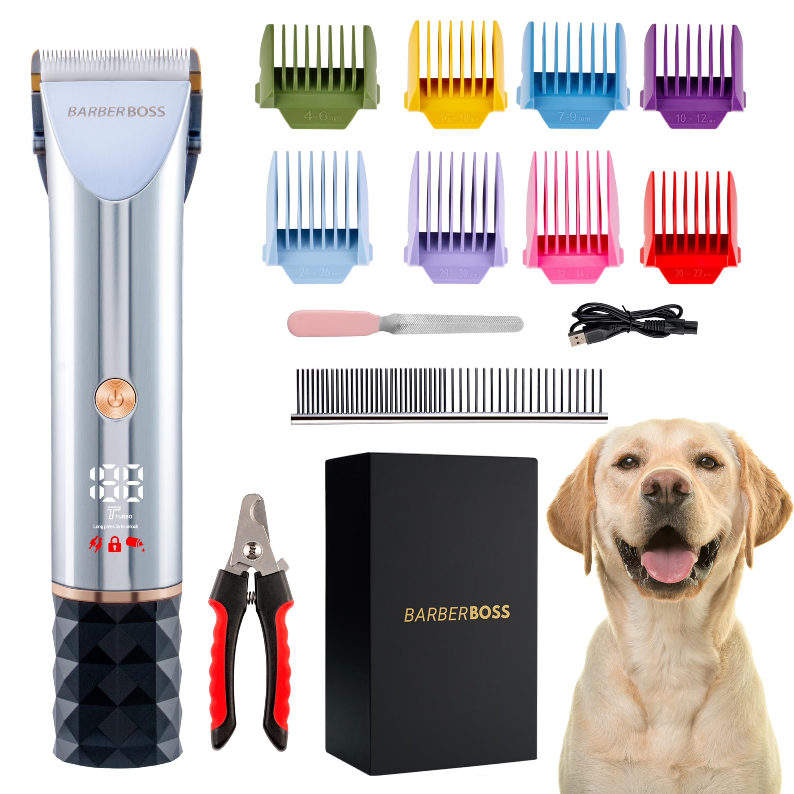 BarberBoss Professional Dog Grooming Kit, Dog Clippers Cordless, Dog Clippers Professional for Thick Hair, Dog Grooming Kit, Cat Clippers for Matted Fur, Pet Grooming Kit, Pet Clippers