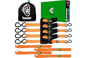 TOWMAX Retractable Ratchet Straps(4 Pack) - 1in x 10ft Self Retracting Ratchet Straps with Soft Loops, 1,500 lbs Break Strength Retractable Tie Down Straps, Easy Retract for Motorcyle, Cargo, Truck, Trailer