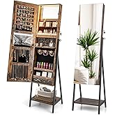 CHARMAID Standing Jewelry Armoire with Full Length Mirror, Lockable Jewelry Cabinet Organizer with Lights, 3 Lighting Modes, Foldable Makeup Tray, Storage Drawers & Shelves (Rustic Brown)