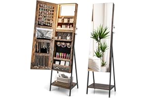 CHARMAID Standing Jewelry Armoire with Full Length Mirror, Lockable Jewelry Cabinet Organizer with Lights, 3 Lighting Modes, Foldable Makeup Tray, Storage Drawers & Shelves (Rustic Brown)