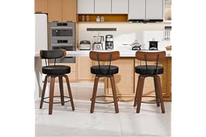 Swivel Bar Stools Set of 3, 26" Upholstered Counter Height Bar Stools with Back and Walnut Wood Legs, Faux Leather Barstools 