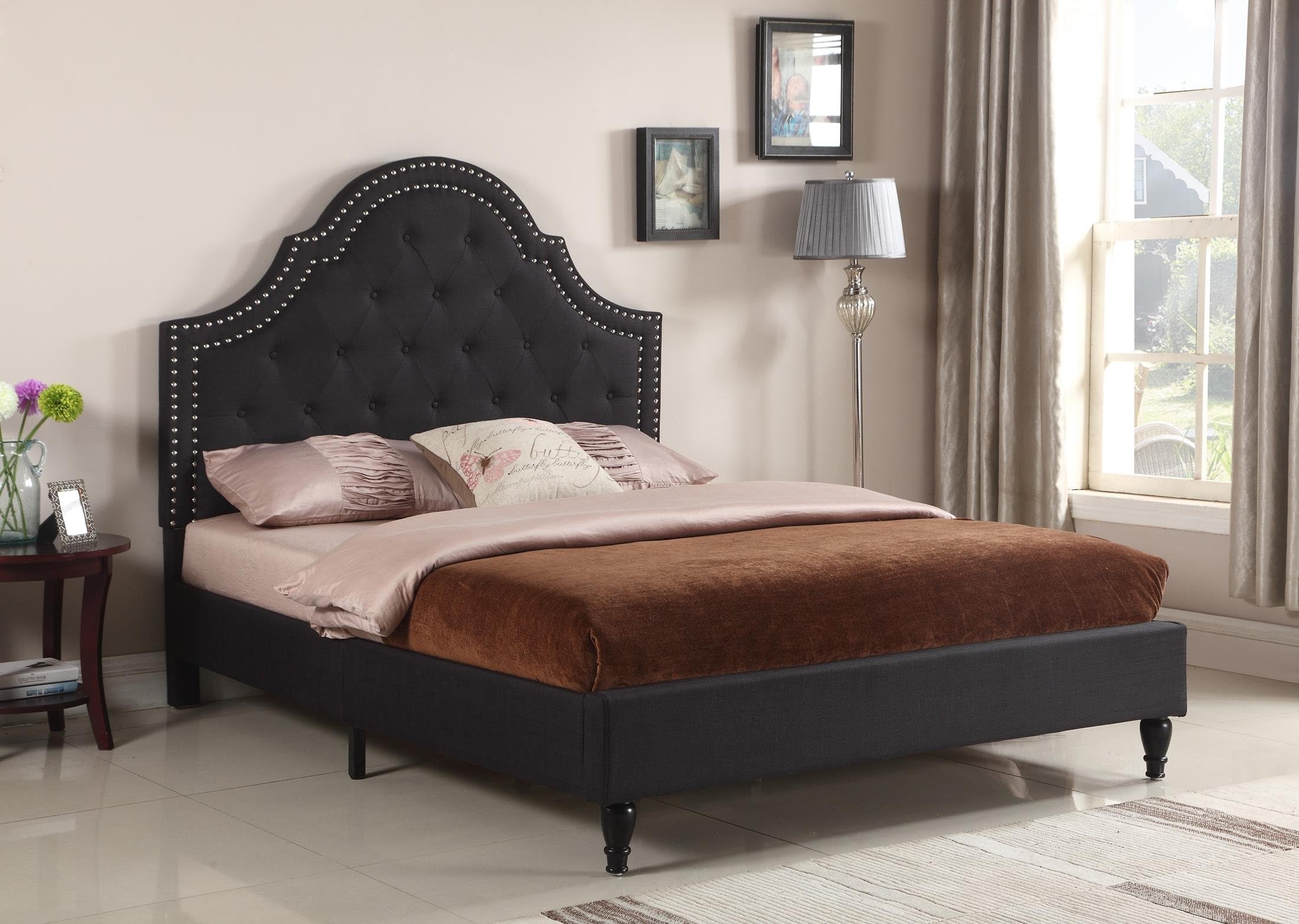 Home Life Premiere Curved Classics Cloth Black Silver Linen 51" Tall Headboard Platform Bed with Slats King - Complete Bed 5 Year Warranty Included 020