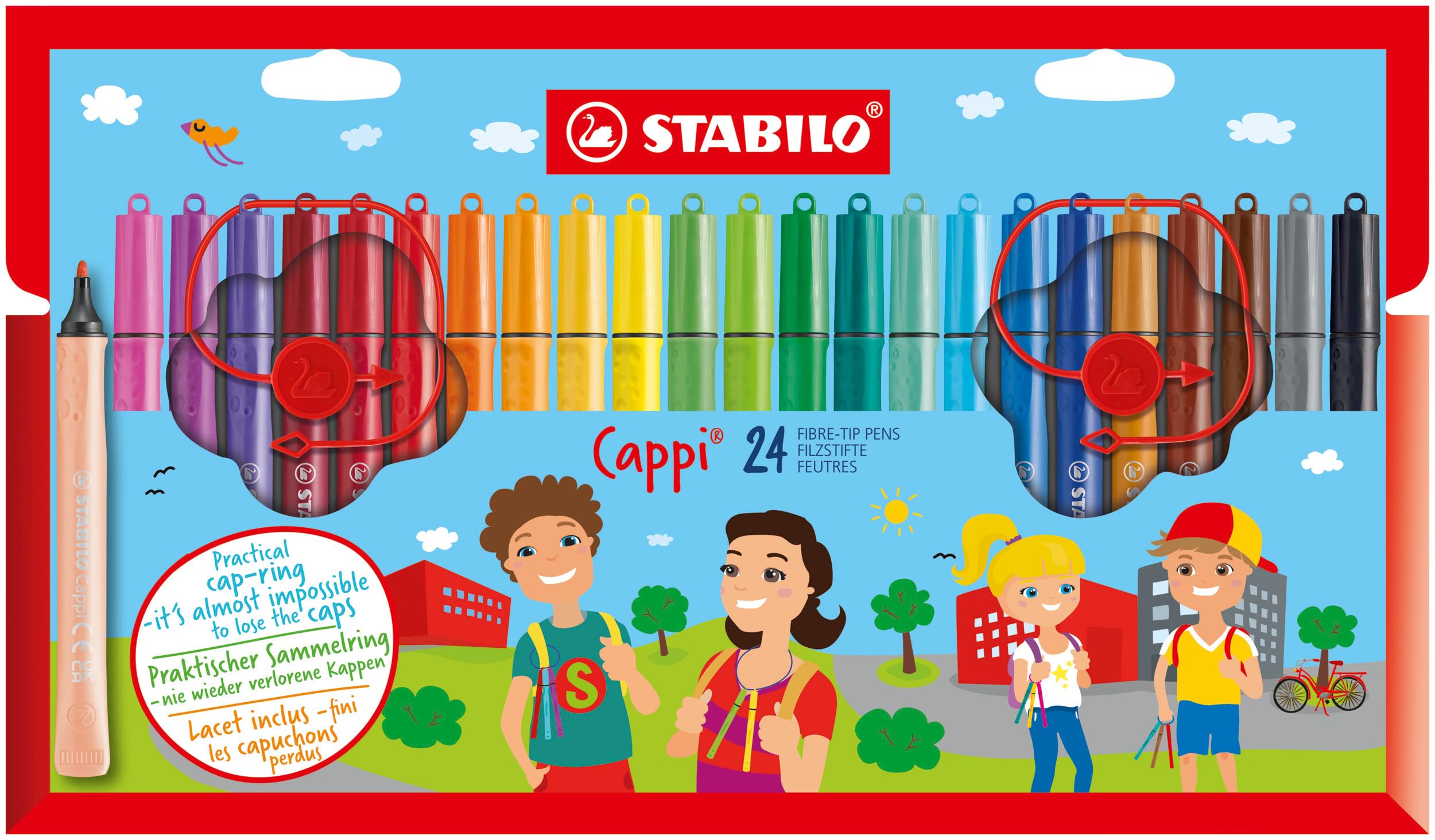 STABILO Cappi - Fibre-Tip Pen with Cap-Ring - Pack of 24 - Assorted Colours with 2 Cap-Rings