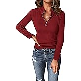 PRETTYGARDEN Spring Quarter Zip Pullover Sweaters for Women 2026 Long Sleeve Collared Fitted Ribbed Knit Tops