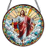 FIVITY 7.8'' Jesus Christ Suncatcher Stained Glass Window Hanging Christian Ornament Religious Sun Catcher Wall Home Living Room Decor Christmas Birthday Gifts for Women Men Mom Coworkers