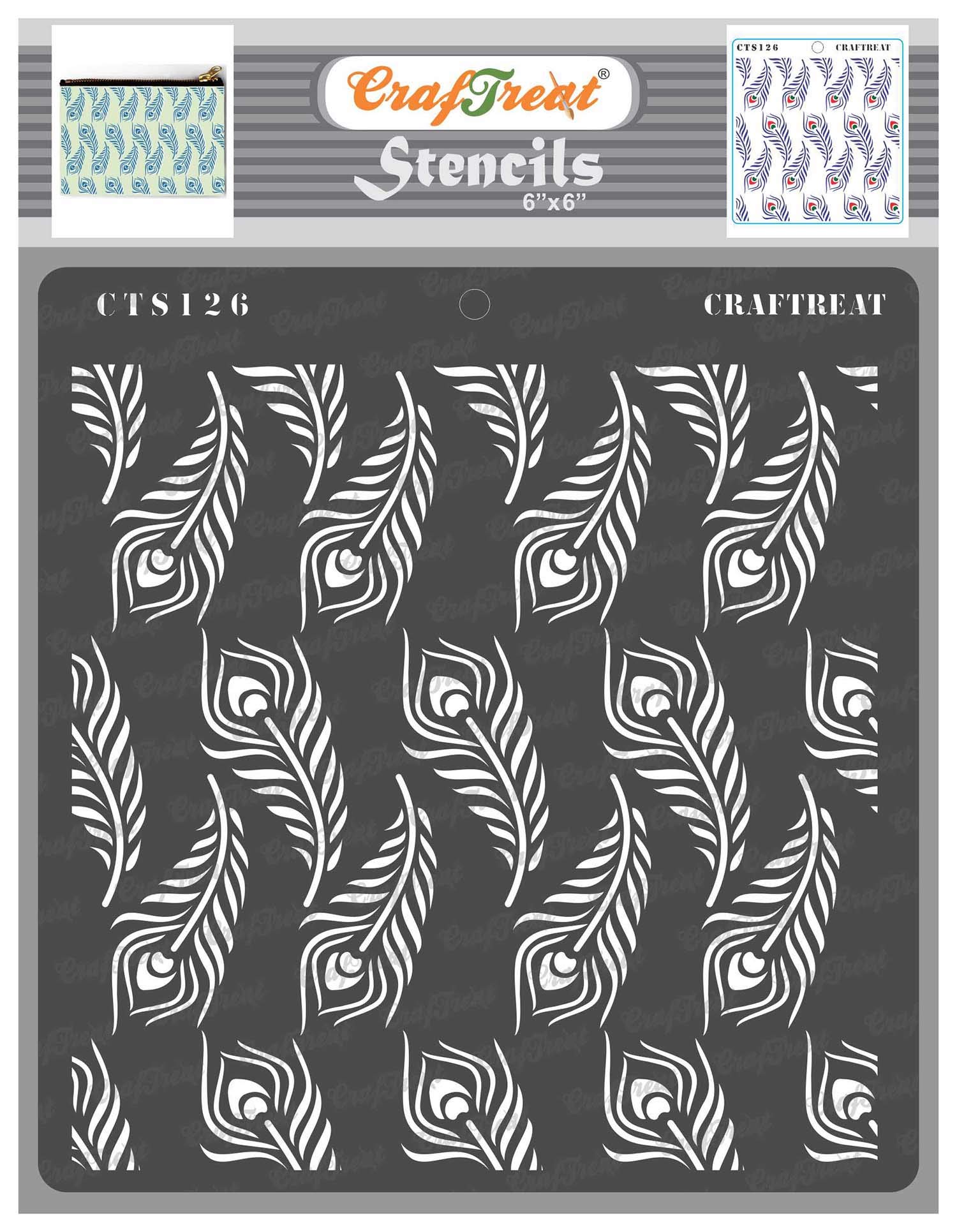 CrafTreat Peacock Feather Stencils for Painting on Wood, Canvas, Paper, Fabric, Floor, Wall and Tile - Peacock Feather Background - 6x6 Inches - Reusable DIY Art and Craft Stencils
