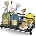 Cisily Large Kitchen Sink Caddy Organizer, Rustproof Non-Slip Soap Dish Dispenser Brush, Sponge Holder for Kitchen Sink, Kitchen Organization and Storage, Home Essentials Accessories（Black）
