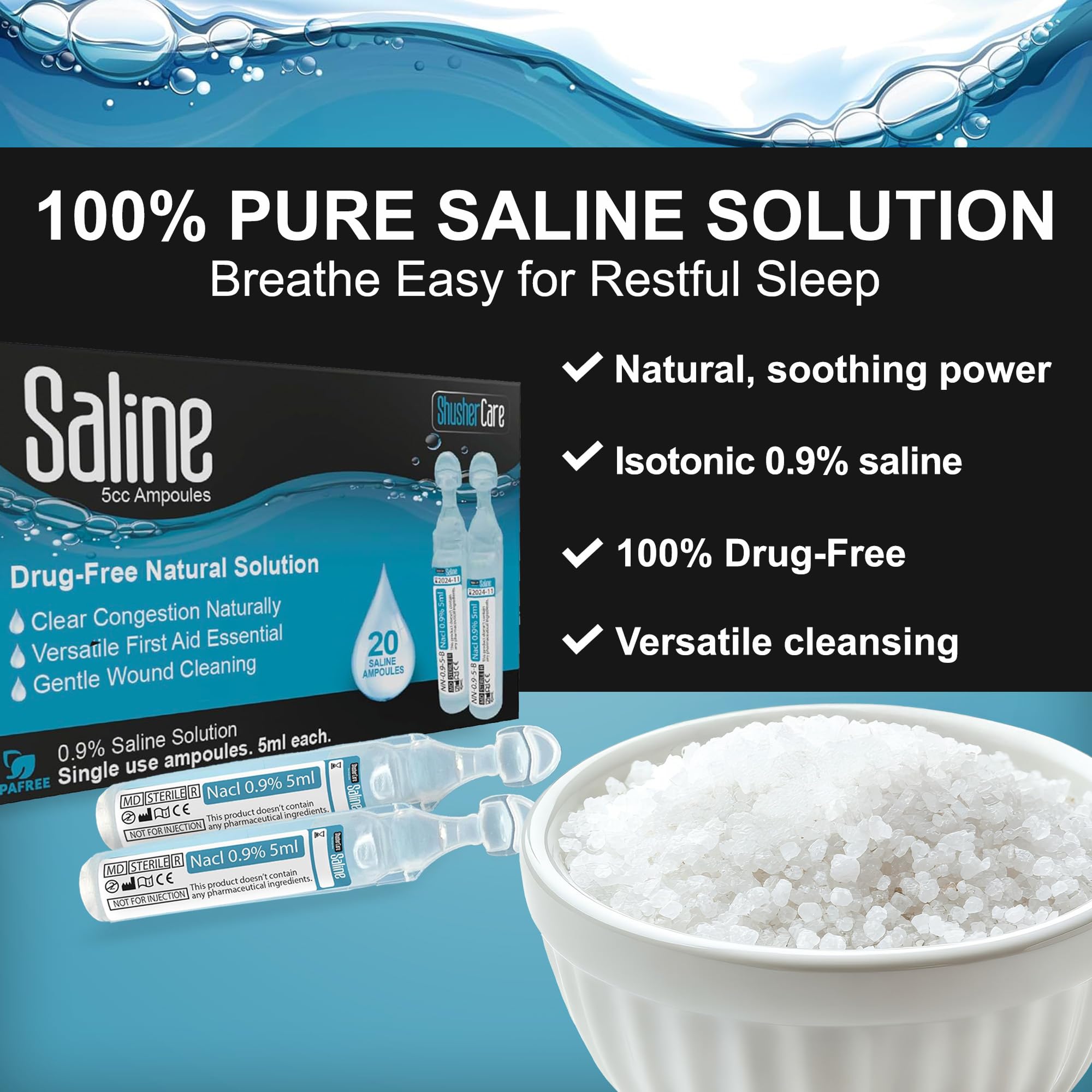 Saline Ampoules - Saline Solution for Nebulizer, Sodium Chloride 0.9% for Nose, Nasal Cleanse for Babies, Kids, & Adults, Sterile Nasal Care, Wound Cleansing - 20 Count (5ml Each)