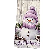 WAITPI Purple Winter Snowman Christmas Kitchen Towels, Farmhouse Cute Snow Gifts Hand Towels for Women Holiday, Rustic Xmas Decorative Hand Dish Towels for Bathroom Decor 16x24 Inch