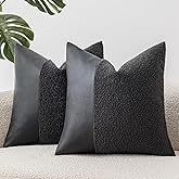 SINYASAN Set of 2 Fluffy Boucle Pillow Covers 18"x18", Charcoal Black Textured Throw Pillow Covers with Faux Leather Accents, Boho Decorative Pillow Cases for Couch, Bed, or Farmhouse Home Decor