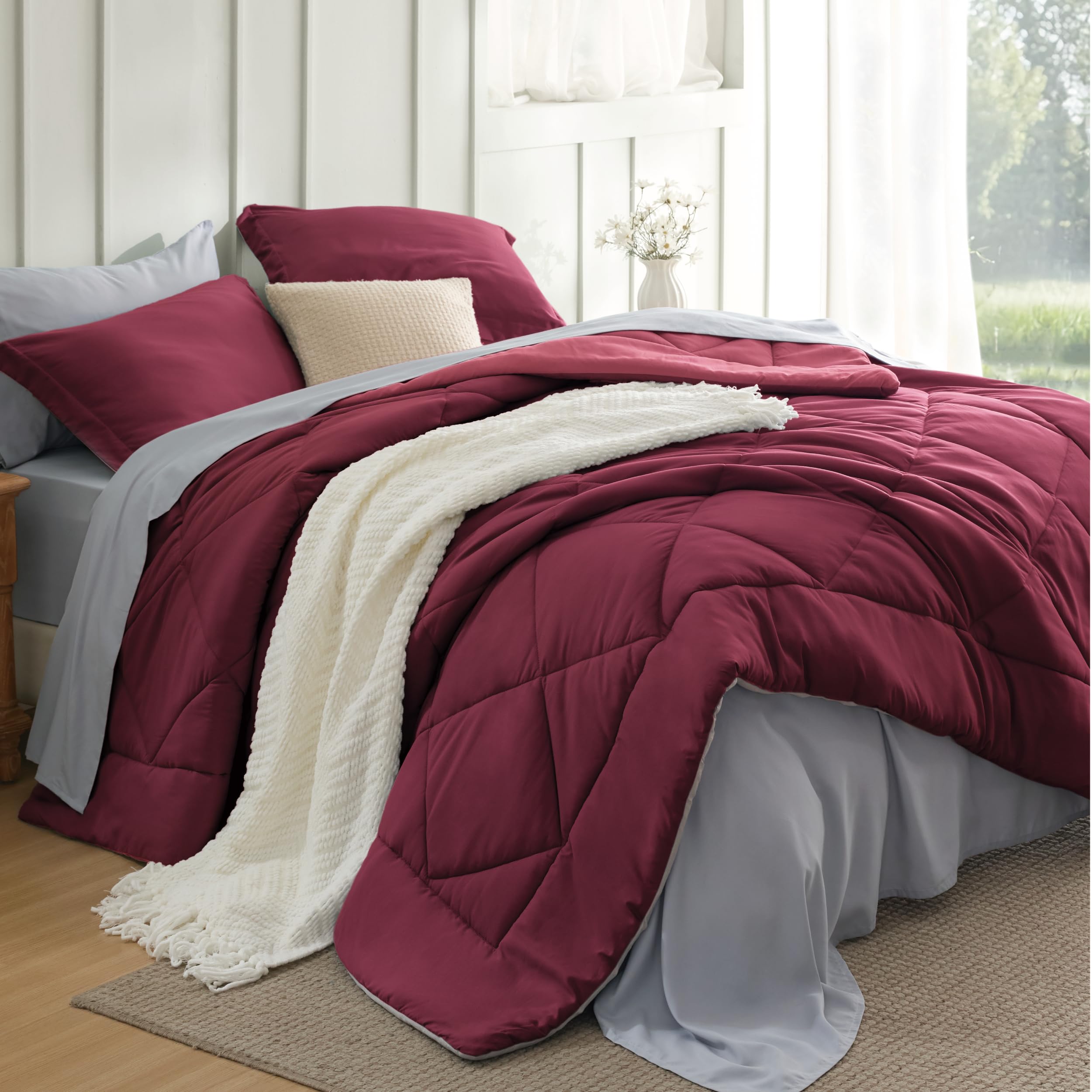 Photo 1 of Bedsure Full Size Comforter Set - 7 Pieces Reversible Burgundy Bedding, Full Size Bed Set for All Seasons, Bed in a Bag with Down Alternative Comforter, Sheets, Pillowcases & Shams