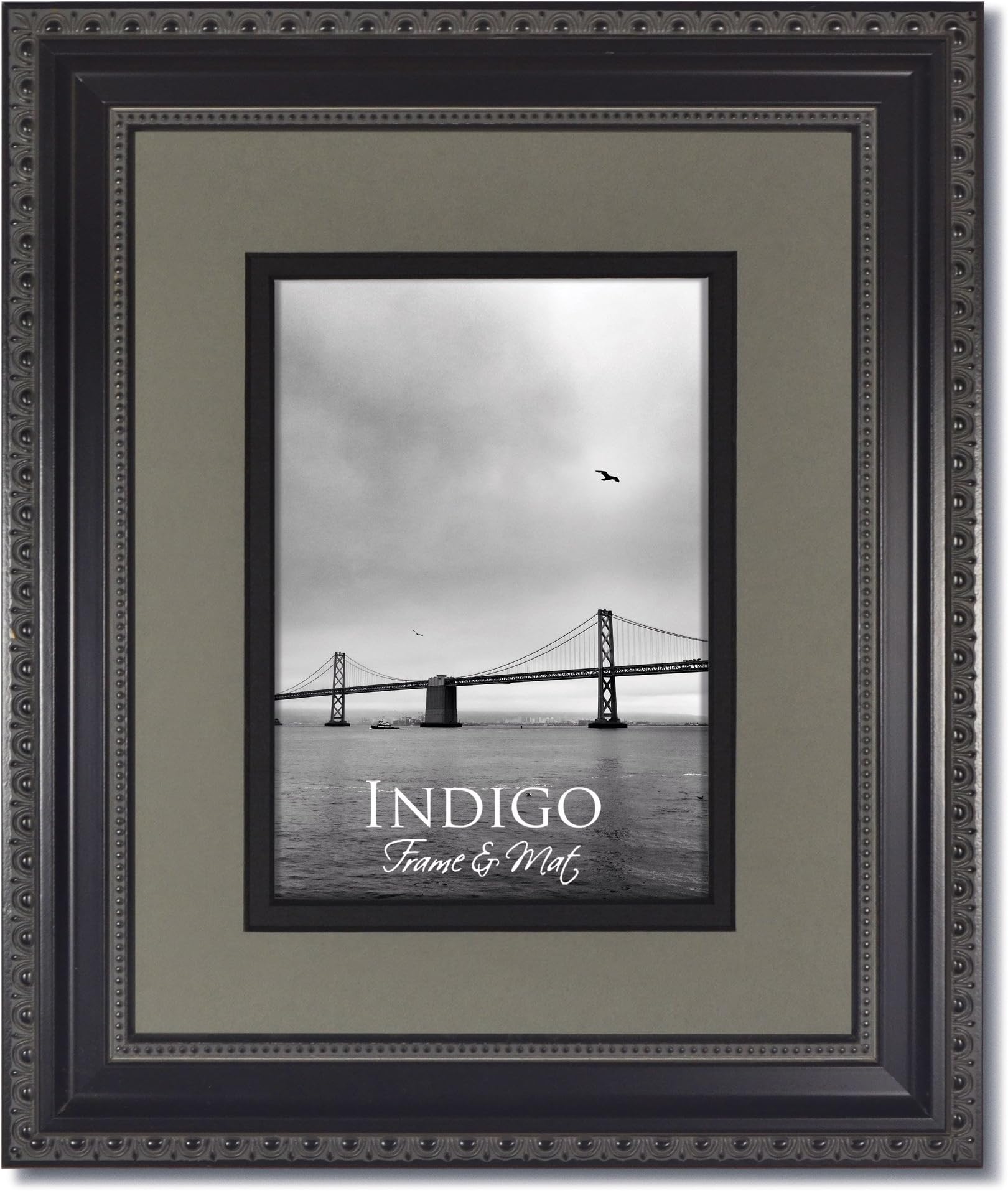 One 8x10 Ornate Heritage Black Picture Frames and Clear Glass with Double Slate Gray/Black Black Core Mat for 5x7