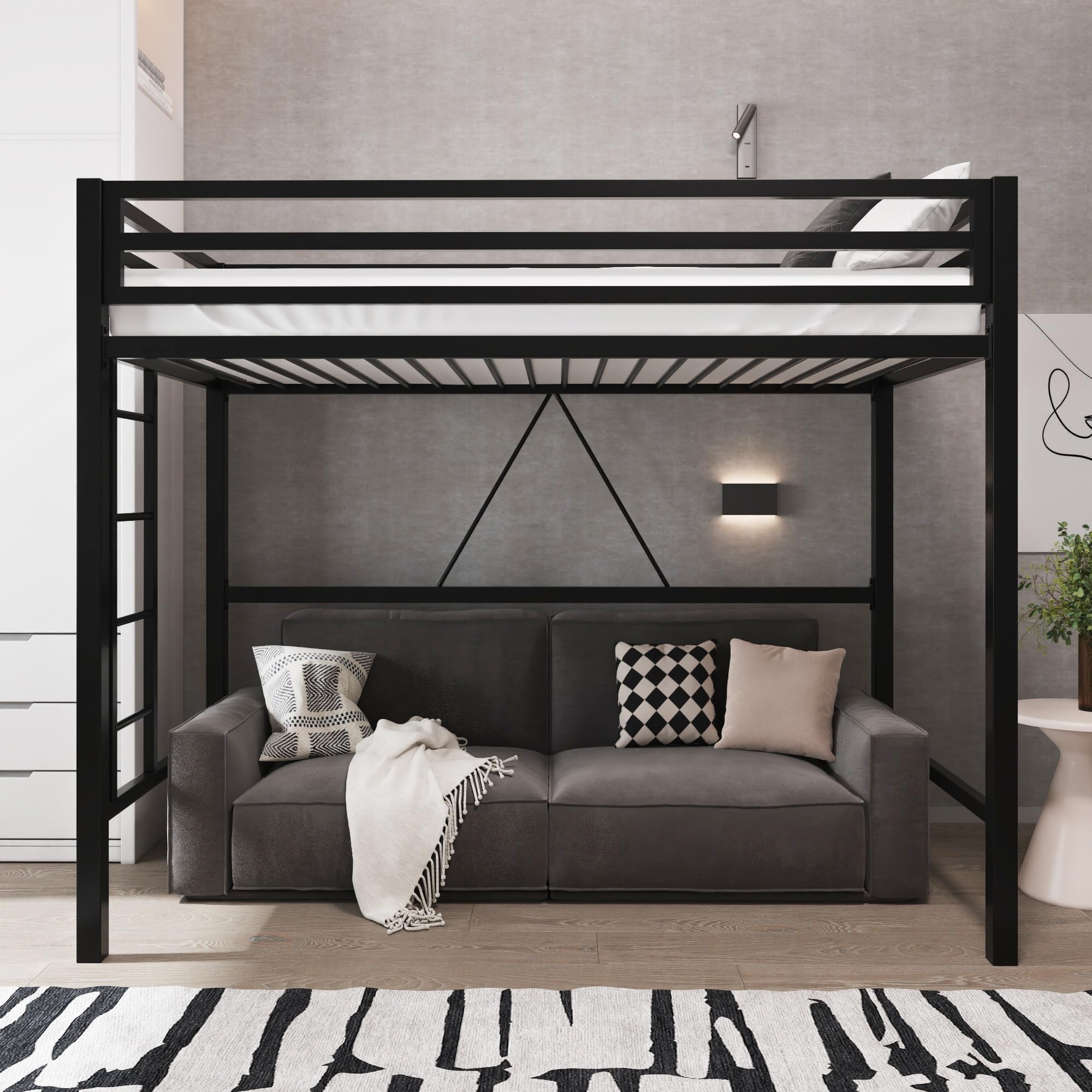 Photo 1 of Allewie Metal Loft Bed Twin Size with Guardrail and Ladder, Small Space Saving Design for Bedroom Kid Room and Dorm, No Box Spring Needed, Black