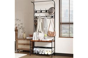GarveeHome Hall Tree Shoe Bench, 4 in-1 Entryway Storage Bench with 8 Sturdy Hooks, Freestanding Coat Rack for Small Spaces, 