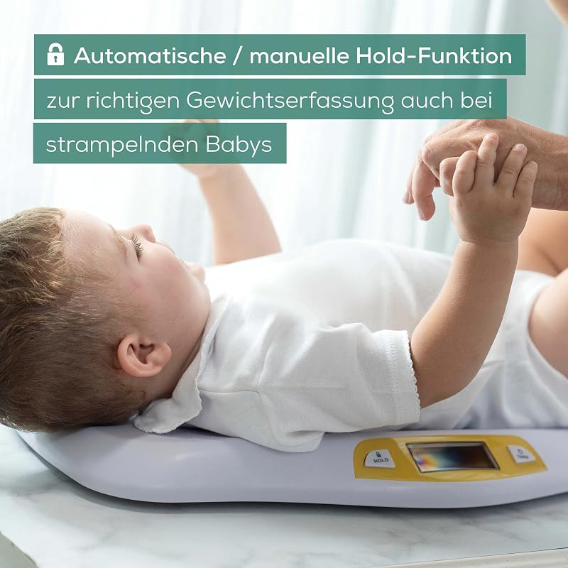 BY 80 Babywaage, mit gewölbter Oberfläche, 20 kg Tragkraft, Tara- und Holdfunktion für strampelnde Babys, Messung und Anzeige in 5g-Schritten, auch als Tierwaage verwendbar