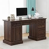 Vipbear 60" Farmhouse Executive Office Desk with Drawers and File Cabinet | Embossed Texture Wood Home Office Desk Rustic Computer Writing Desk, Workspace for Work Study Writing(Dark Brown)