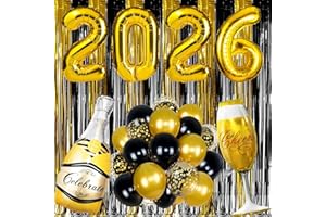 KAXIXI 2026 Happy New Years Party Decorations, Gold Black Foil Fringe Curtains Number 2026 Party Balloons for New Year Photo Props, 2026 New Year's Eve Party Supplies，Graduation School Decor