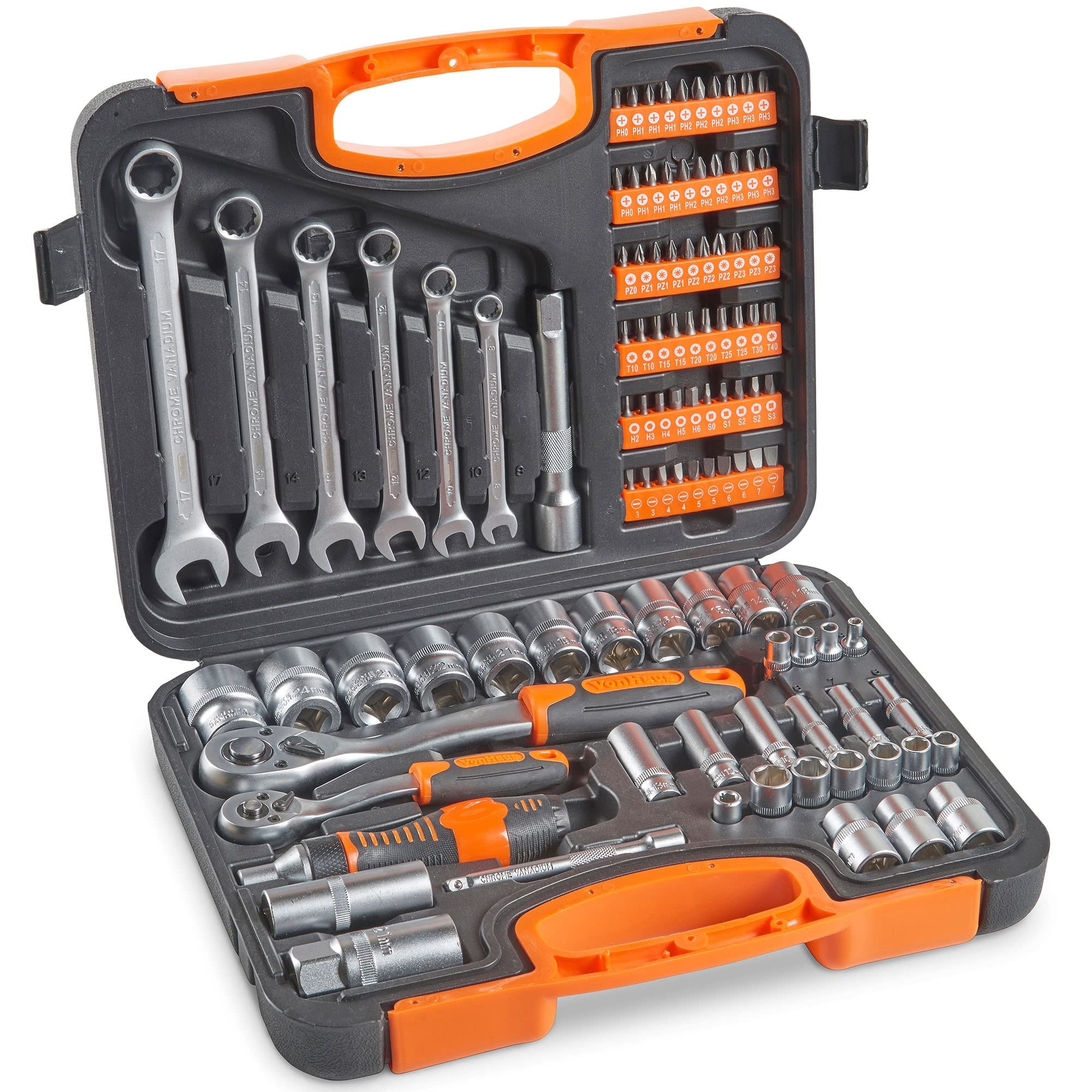 VonHaus 104-Piece Socket Wrench Tool Set with Extension Bar, Coupler, Ratchet, and Spanners, Screwdriver Bits and Carry Case