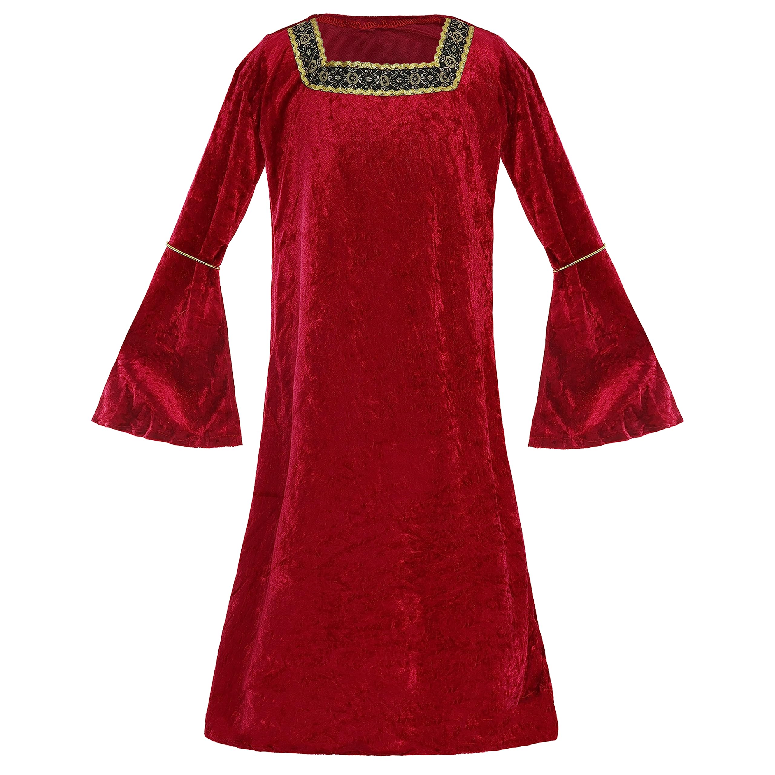 Girls Tudor Princess Costume - Medium - Red Velour Dress with Gold Detailing on the Sleeves & Neckline - Kids Historical Princess Fancy Dress Costume