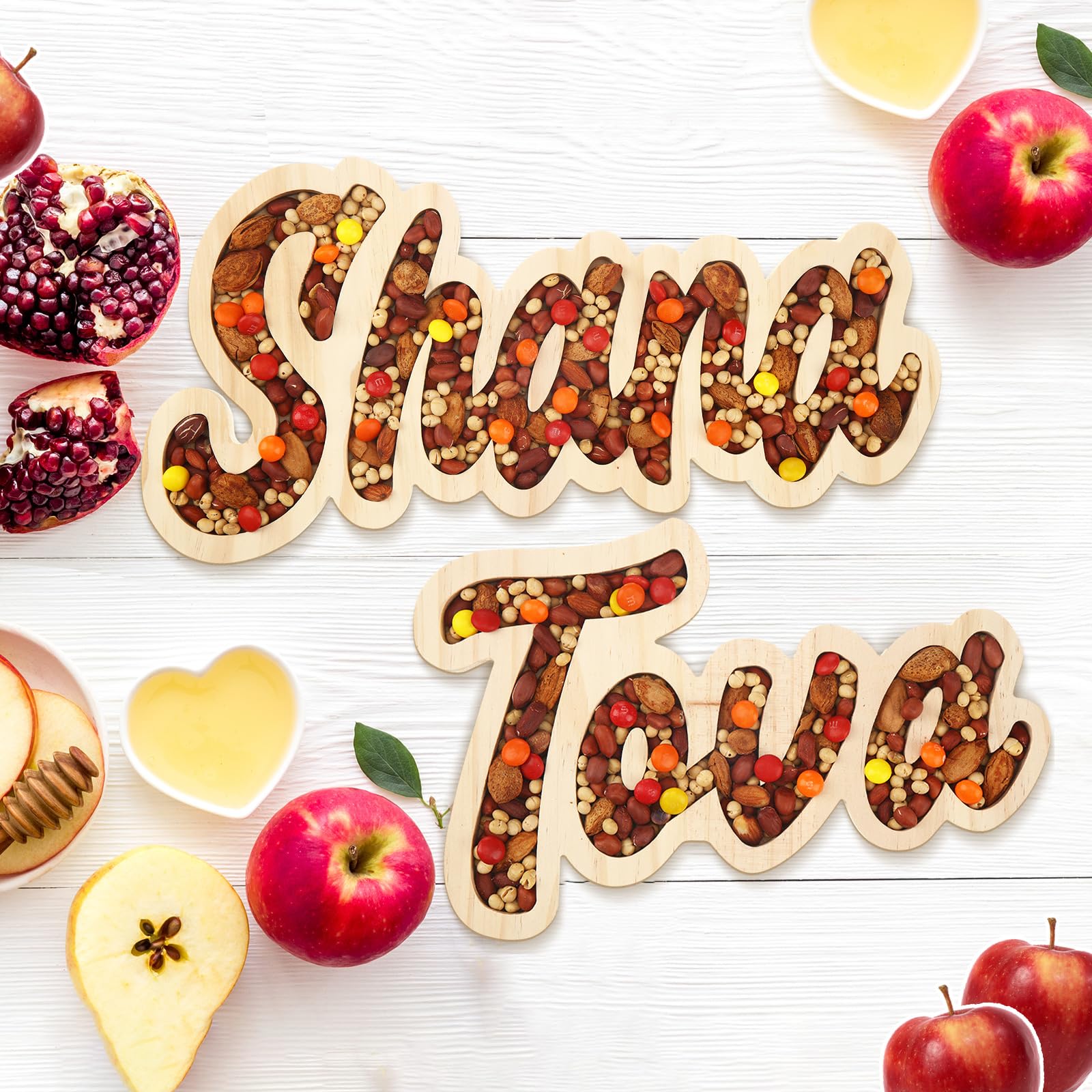 Photo 1 of GlikCeil 2 Pcs Rosh Hashanah Plate Wooden Shana Tova Nut Tray Candy Snack Serving Dish Cute Decorative Tableware Tray Funny Charcuterie Board for Jewish New Year Hostess Gift Party Table Decor