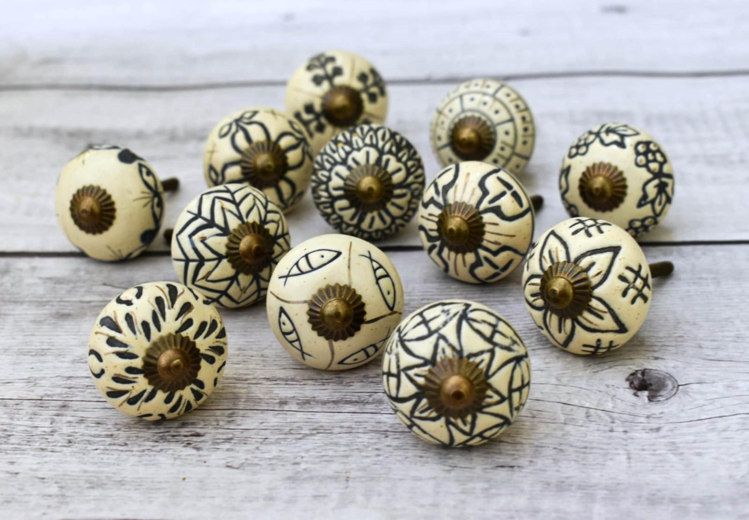 ARTISNO Ceramic Knobs for Cabinets - Set of 12 Decorative Off-White & Black Floral Printed Ceramic Knobs for Home Kitchen Cabinet Drawer Wardrobe and Dresser Pulls with Glossy Finish (Assorted Black) — image 1