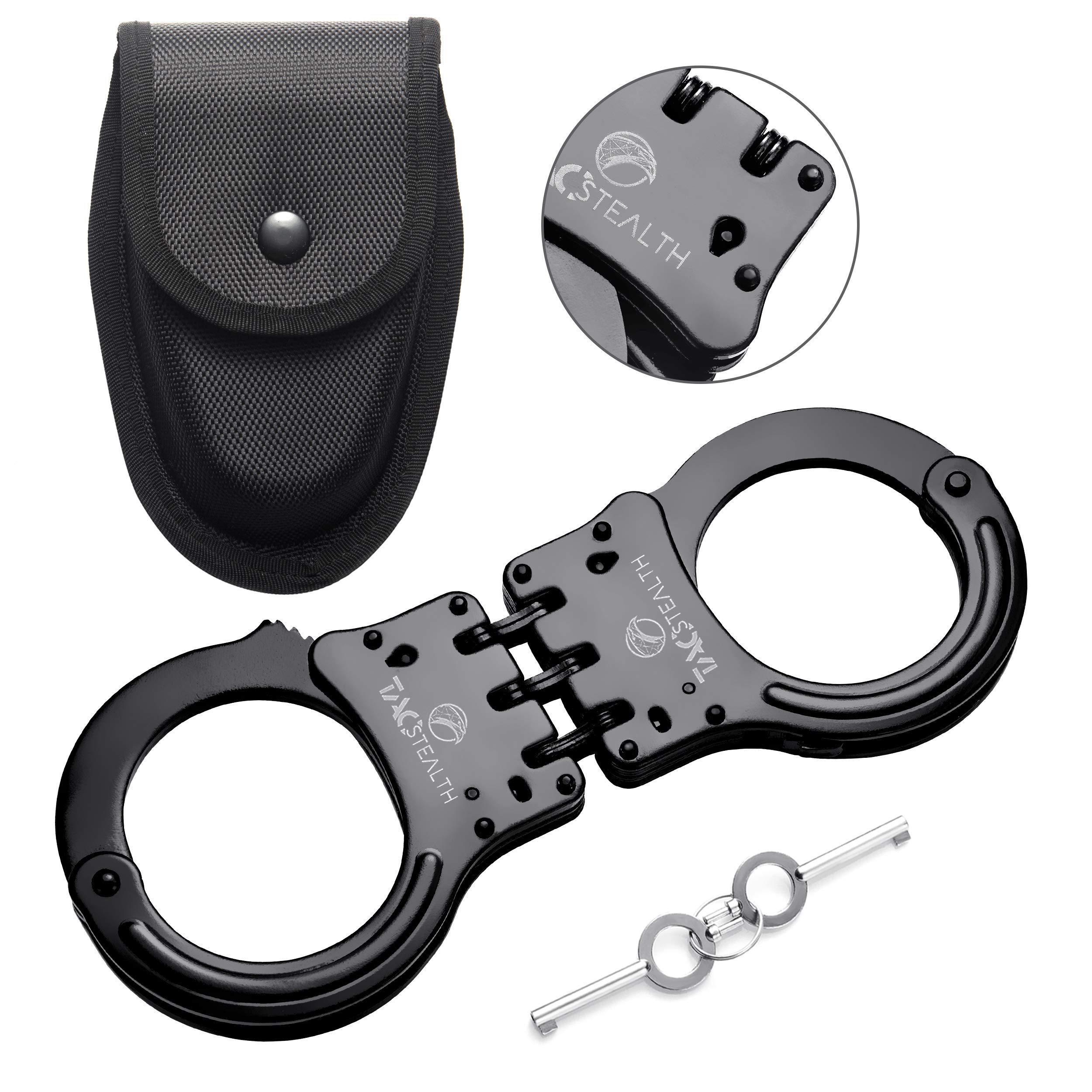 Photo 1 of *NO KEY* TacStealth Double Lock Hinged Handcuffs with Two Keys & Case | Heavy Duty Black Steel Professional Grade | Bend/Break Free Secure
