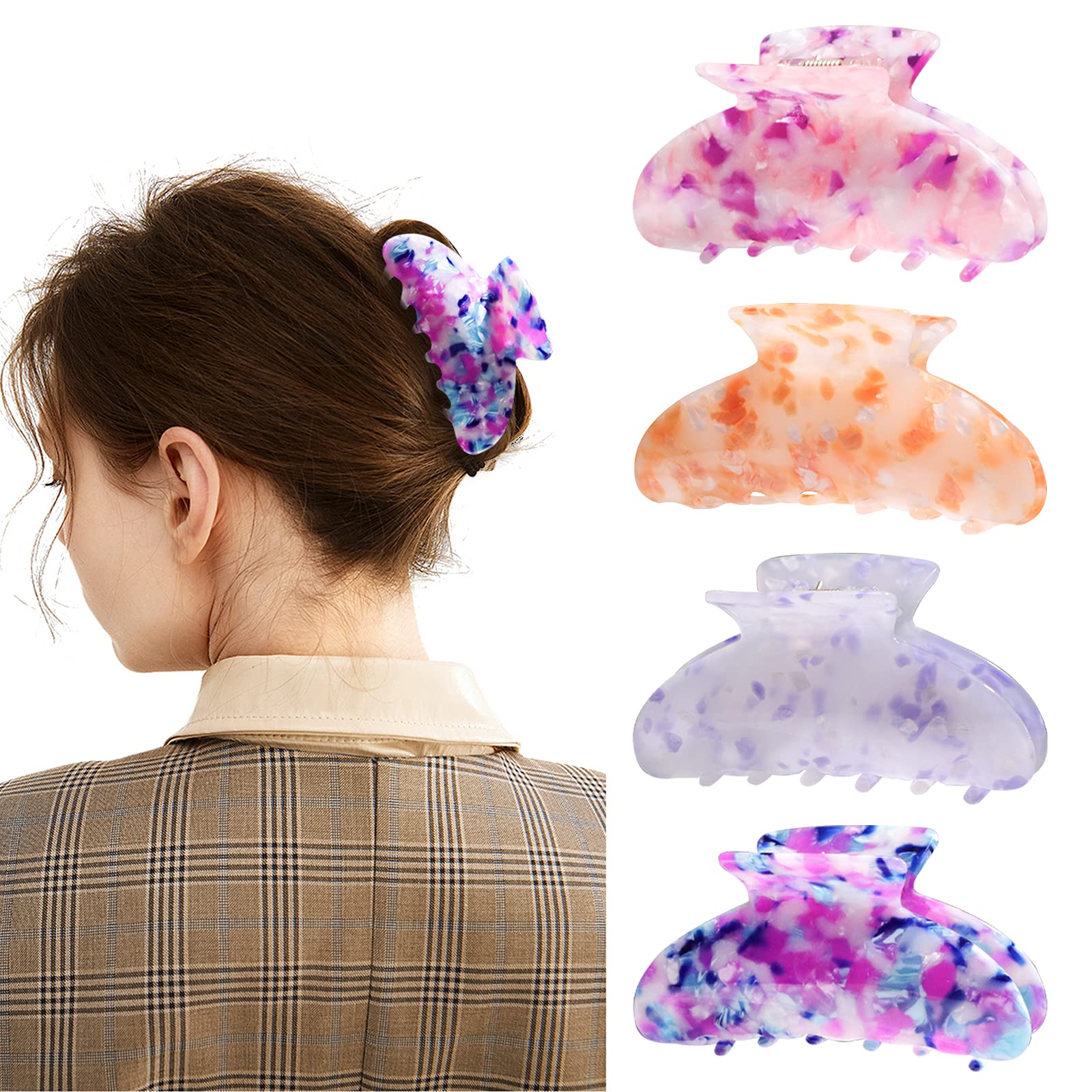 HAYHOI 4PCS Banana Hair Claw Clips, Nonslip Plastic/Resin Hair Catch Teeth Clamp, 3.7 Inch Strong Hold Keel Barrettes for Thick and Thin Hair-Fashion Accessories for Women Girls, Light
