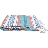 Open Road Goods Mexican Blanket - Teal, Coral, Mint, Peach - Authentic Mexican Falsa Serape - Saltillo Yoga Blanket, Beach Bl