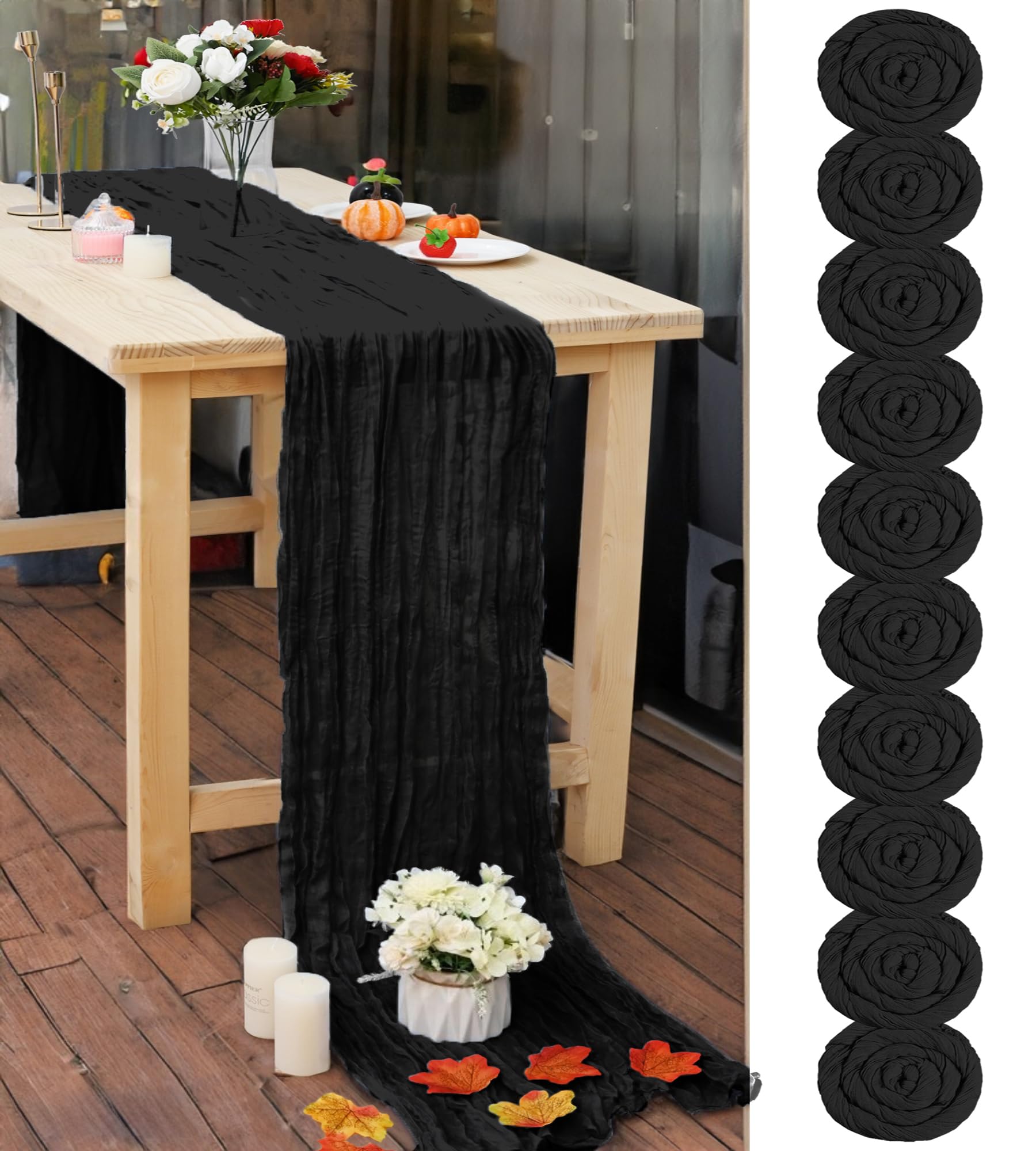 Photo 1 of 10 Pcs Black Cheesecloth Table Runner 23"x120" Romantic Cheese Cloth Table Runner 10FT Boho Gauze Table Runners for Wedding Banquet Bridal Baby Shower Birthday Party Engagement Halloween Table Decor