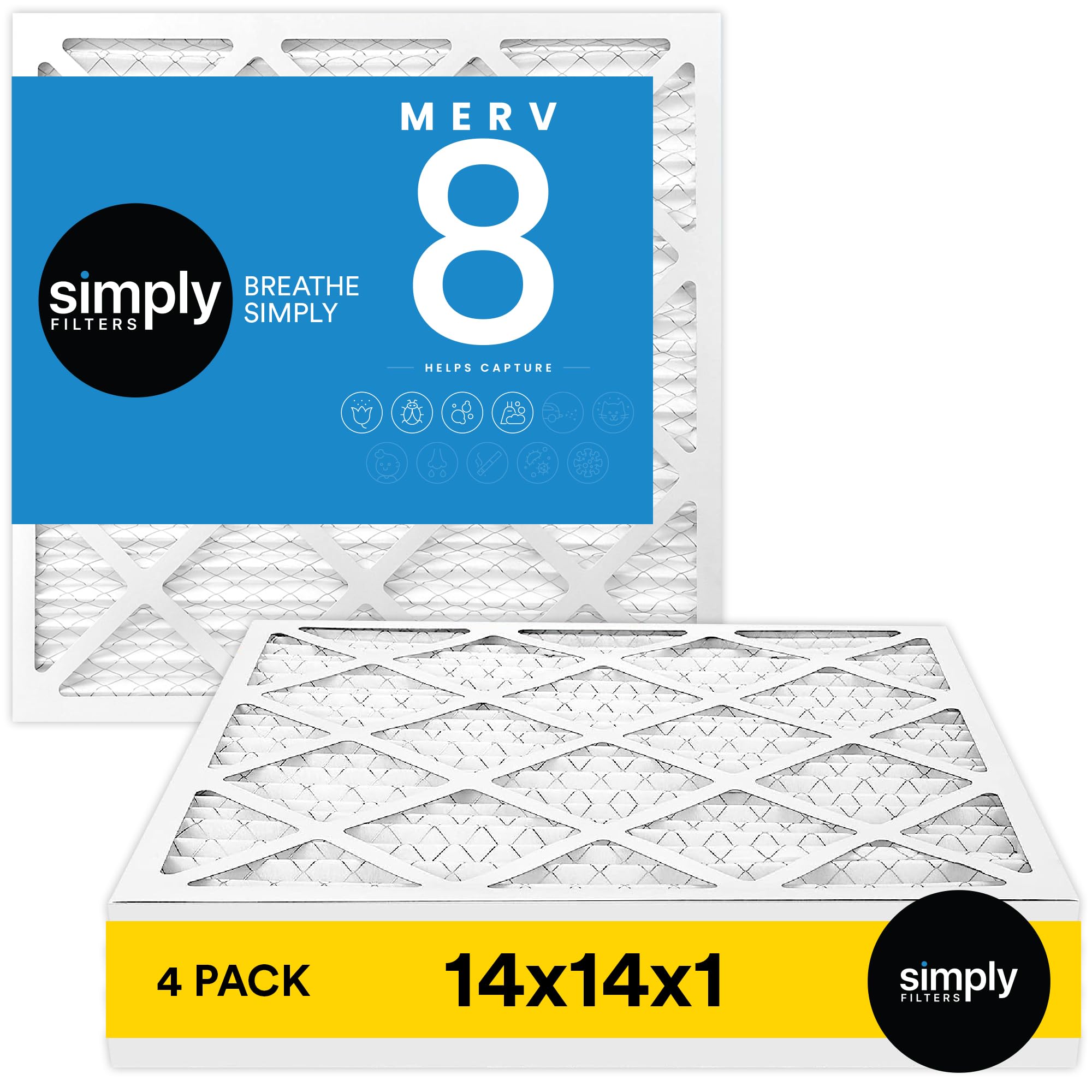 Simply 14x14x1 Air Filter, MERV 8, 4 Pack, For Home AC Furnace & HVAC (Actual Size: 13.75"x13.75"x0.75") DUST, Pet, & Allergy Control Image