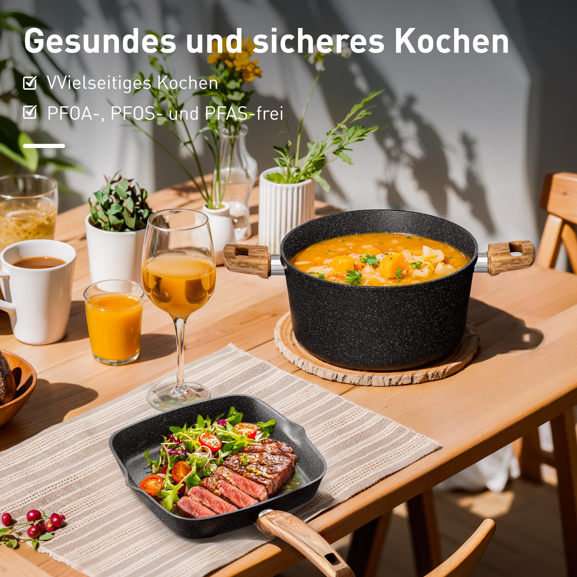 DishDelight Induktions-Kochgeschirr-Set mit Grillplatte 30-teiliges Induktions Töpfe Set Topf und Pfannenset mit Deckel Granit Antihaftbeshichtung Topfset Kochtopf 9