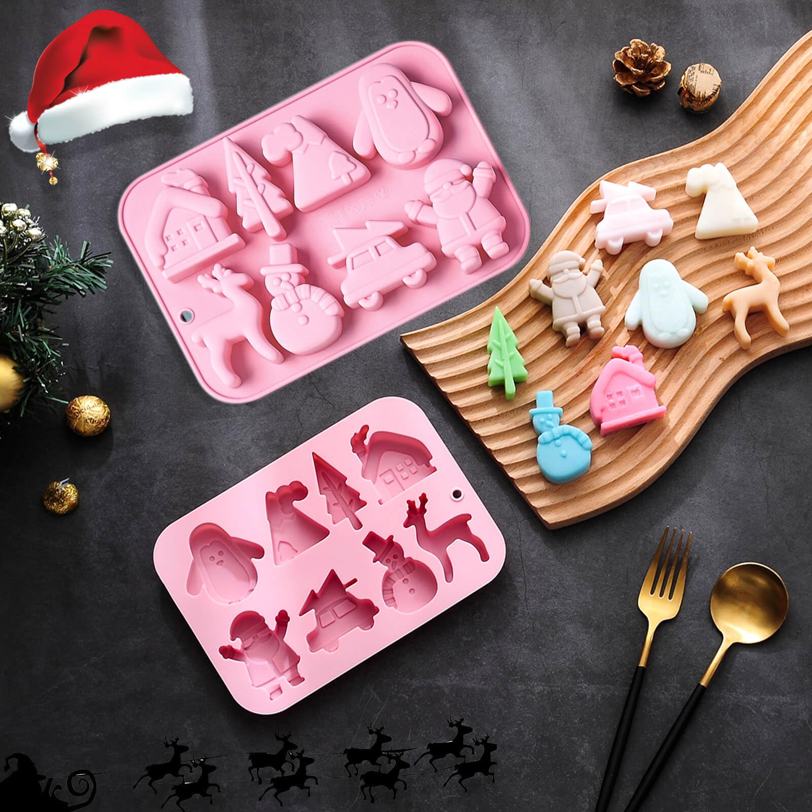 3 Pack Christmas Silicone Baking Mold, Christmas Tree Holiday Silicone Molds Soap Candy Molds for Chocolate Jello Snowman Gingerbread Snowflakes Socks Bells Santa Baking Mold (Xmas-Pink)
