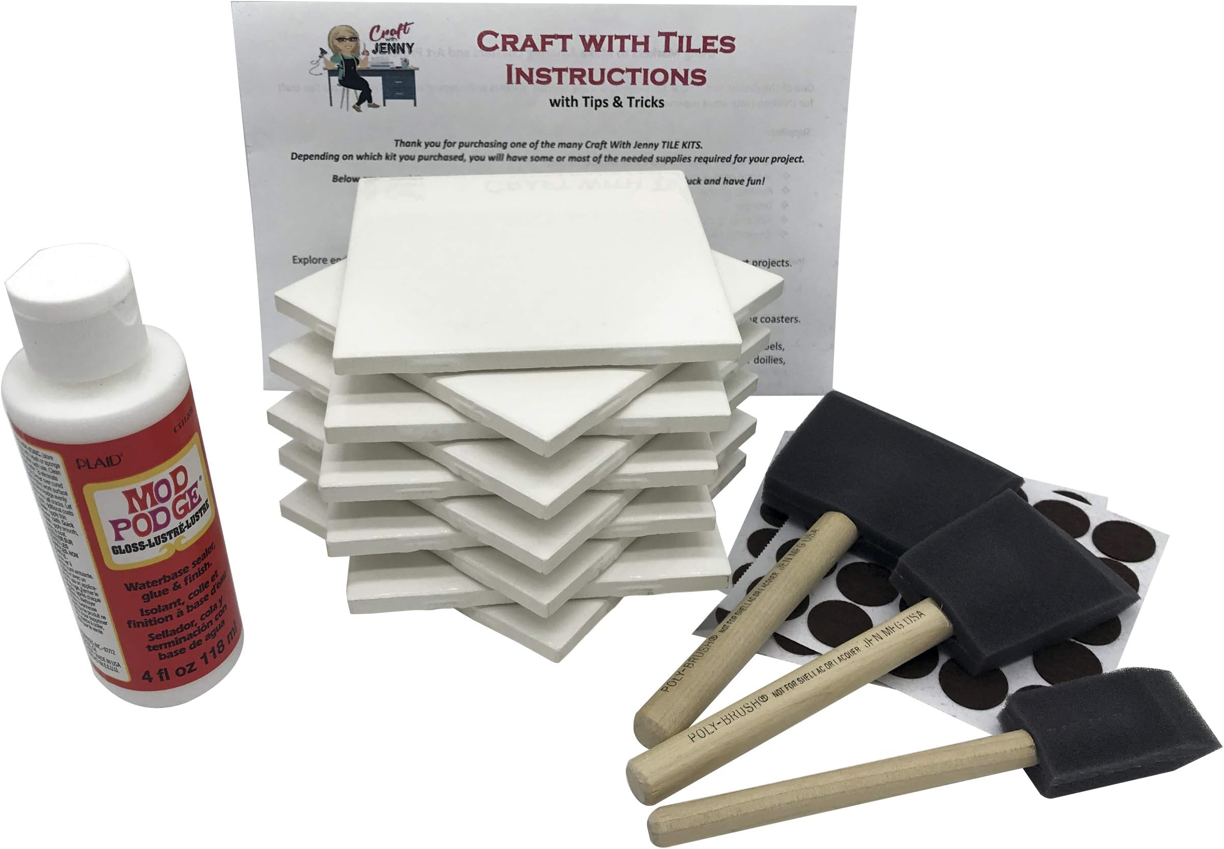 Coaster Tile Craft Kit, Premium Bundle Set Includes 10 Ceramic White Tiles 4x4, Mod Podge Gloss Glue Sealer, Foam Sponge Brushes, Felt Adhesive Pads and Detailed Instructions, Make Your Own Coasters!