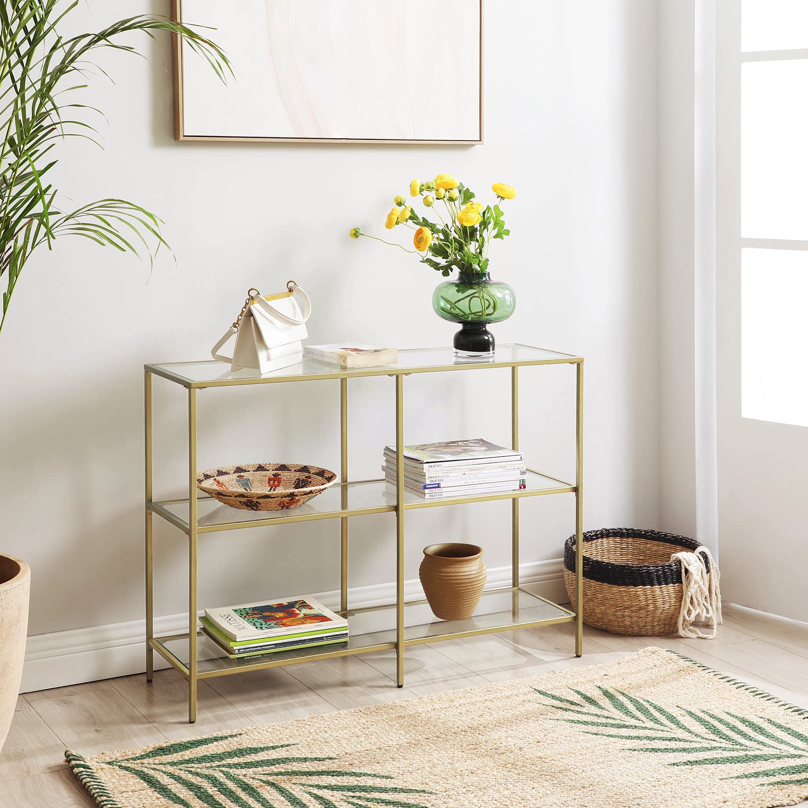 VASAGLE 39.4 Inch Console Table with 3 Shelves, Sofa Tables, Modern Entryway Table, Metal Frame, Tempered Glass Shelf, Entryway Living Room Bedroom, Metallic Gold and Transparent ULGT27G