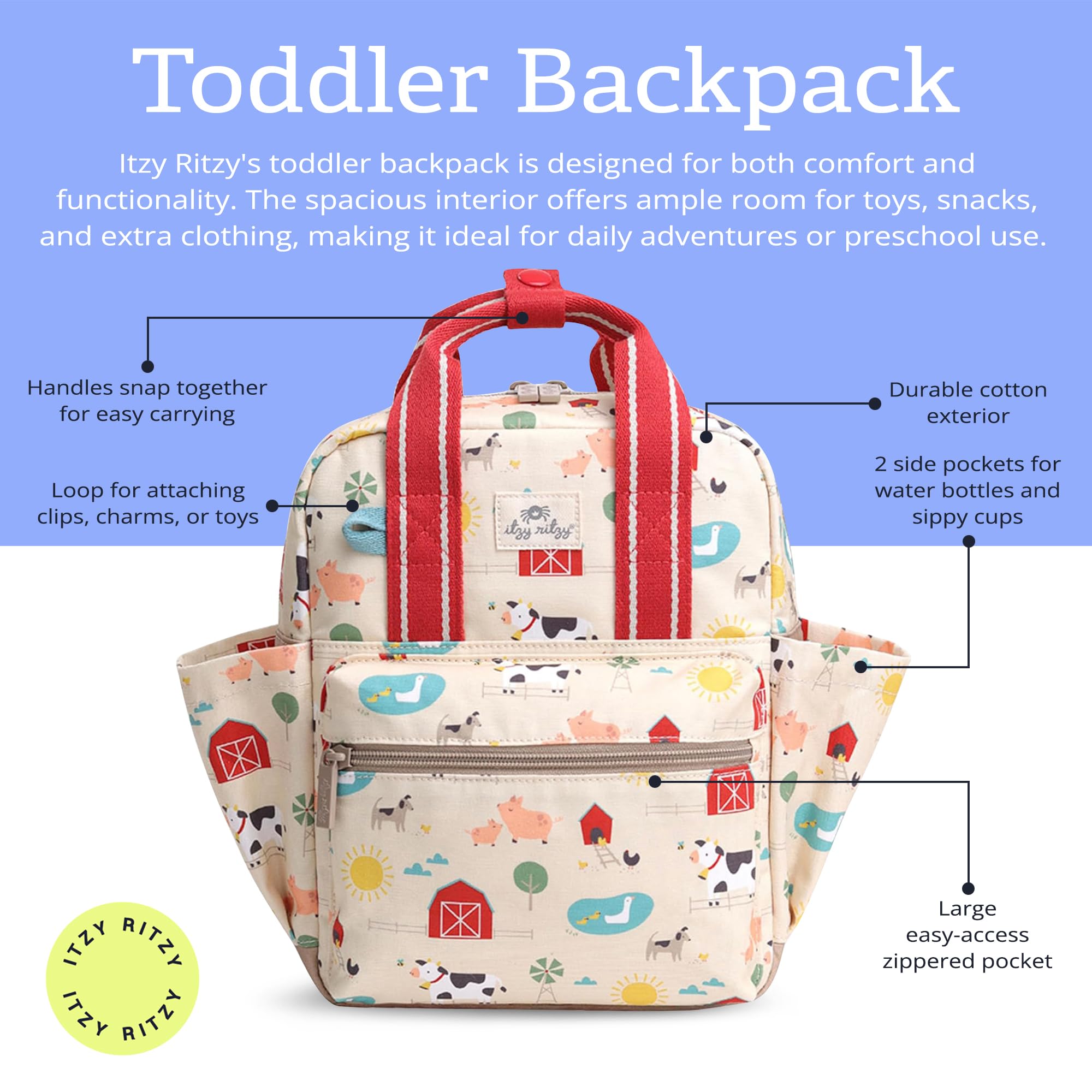 Itzy Ritzy Toddler Backpack - Daycare Bag - Features Adjustable Shoulder Straps, 2 Side Pockets & Spacious Interior with Wipeable Fabric Lining & Name Label, Farm Backpack
