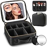 Jadazror Makeup Bag with Mirror and Light 3 Colors, Travel Make up Bag with Mirror Portable Lighted Makeup Case Organizer Cosmetic Case with 2-Layers Adjustable Dividers & 10X Magnifying Mirror(Black)
