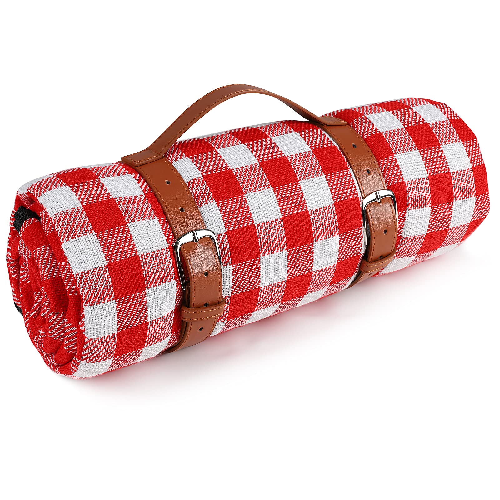 Ben & Bel Water/Sand/Dirt-resistant Picnic Blanket with PU Handle, Outdoor-Ready Red & White Square, 150x200cm XL