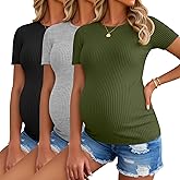Ficerd 3 Pack Women's Maternity Shirts Short Sleeve Ribbed Pregnancy Tops Crew Neck Basic Tees Summer Mama Clothes