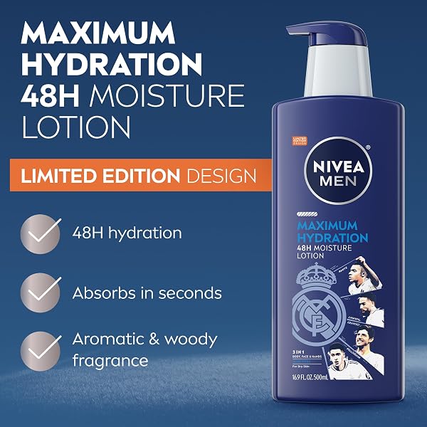 NIVEA MEN REAL MADRID LIMITED EDITION DESIGN MAXIMUM HYDRATION 48-HOUR MOISTURE BODY LOTION FOR DRY SKIN, ALOE VERA LOTION FOR MEN, 3-IN-1 BODY, FACE AND HANDS, 16.9 FL OZ BOTTLE