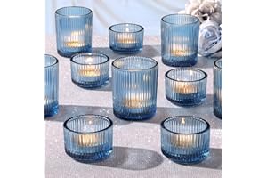 NITIME 20pcs Ribbed Blue Votive Candle Holders, Assorted Tea Lights Candle Holder, Blue Glass Candle Holders for Table Centerpiece, Wedding Table Settings and Party Decorations