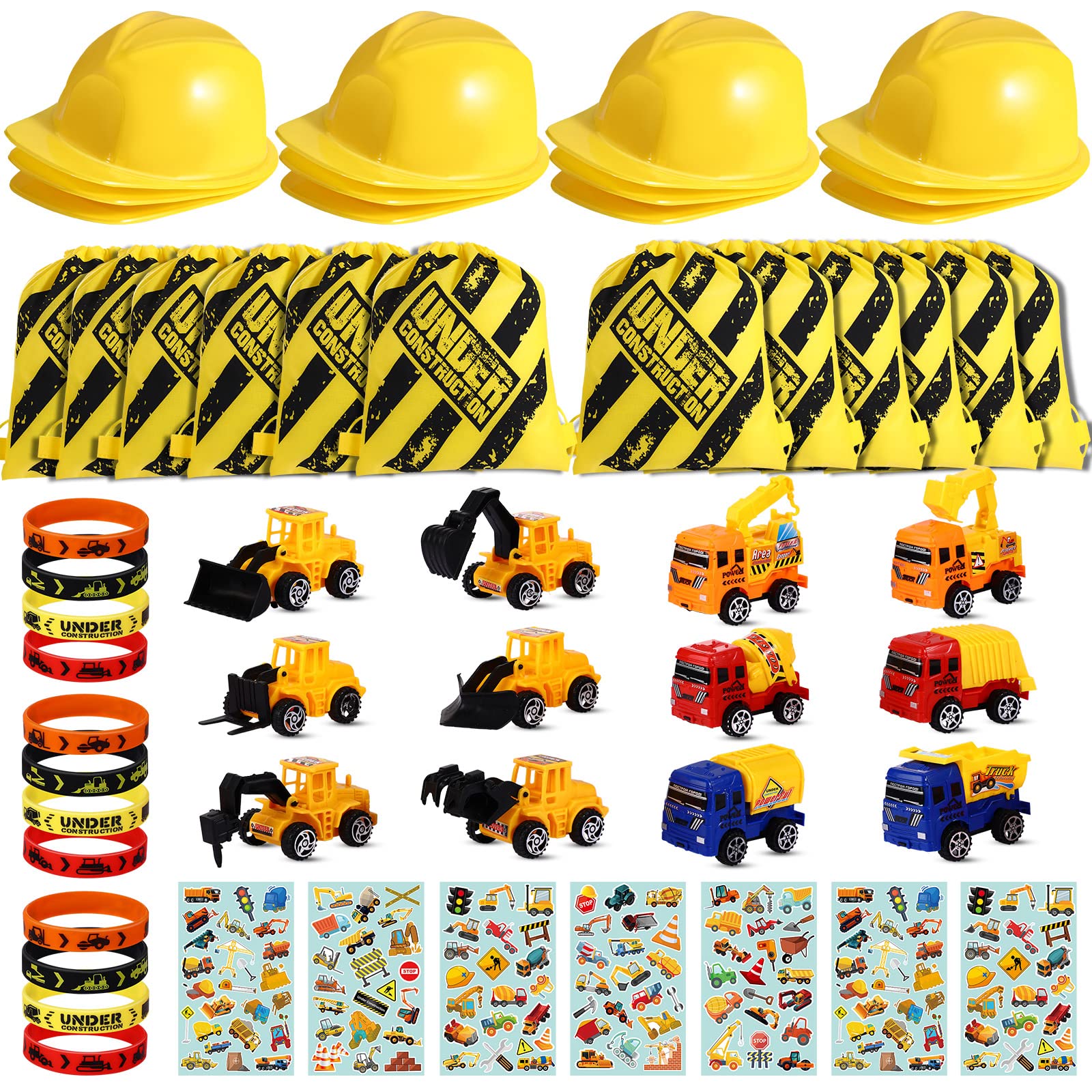 Photo 1 of Sratte 55 Pieces Construction Vehicle Birthday Party Favors Supplies Set, Construction Theme Hats Goodie Bags Stickers Bracelets and Truck Toys Bulk for Kids Award Party Supplies