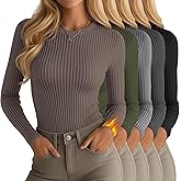 Oakgarden 5 Pack Women's 90% Cotton Thermal Shirts Long Sleeve Ribbed Fleece Lined Underwear Tops Slim Fit Warm Base Layer
