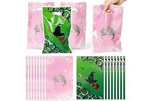 BOPUSAIL 50Pcs Witch Musical Pink Crown Party Favor Bag Candy Treat Bags Print Magical Witch Crown Flower Pattern with Handles Plastic Snack TV Movies Gift Pouch for Woman Lady Birthday Holiday Event Supplies