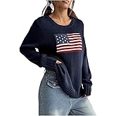 SweatyRocks Women's Flag Pattern Long Sleeve Round Neck Sweater Casual Loose Pullover Sweater