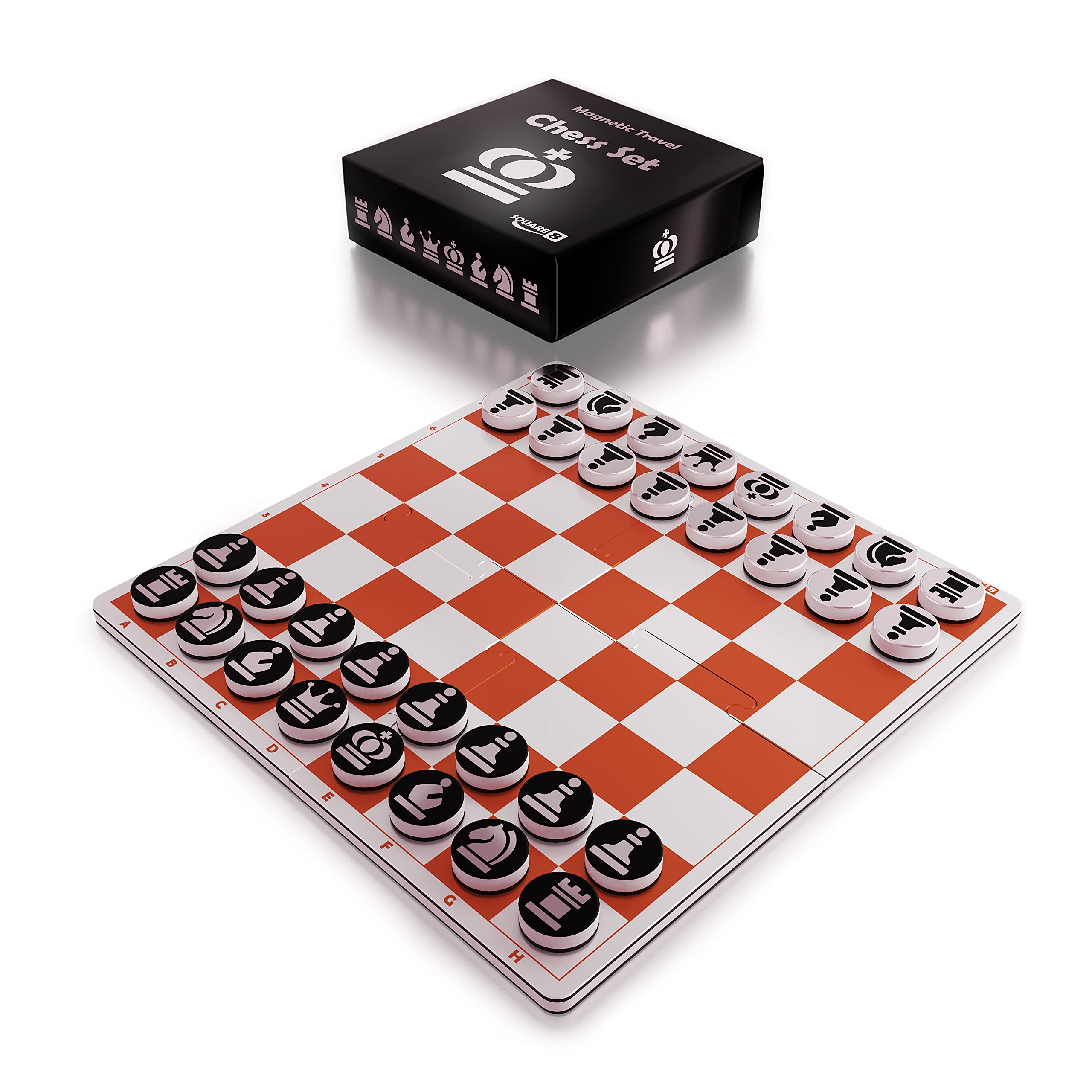 Square 8 Chess Board Set Game - Magnetic Travel Chess Set with Compact 4 Piece Jigsaw Board/Portable Storage Box -Traditional/International Strategy Game for Kids/Adults/Friends/Family. (Orange)