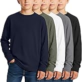 LessonZoo 5 Pack Boy's Long Sleeve Shirts, Waffle Knit Crew Neck Tops T-Shirts Basic Layer Undershirts 5-14 Years Kids
